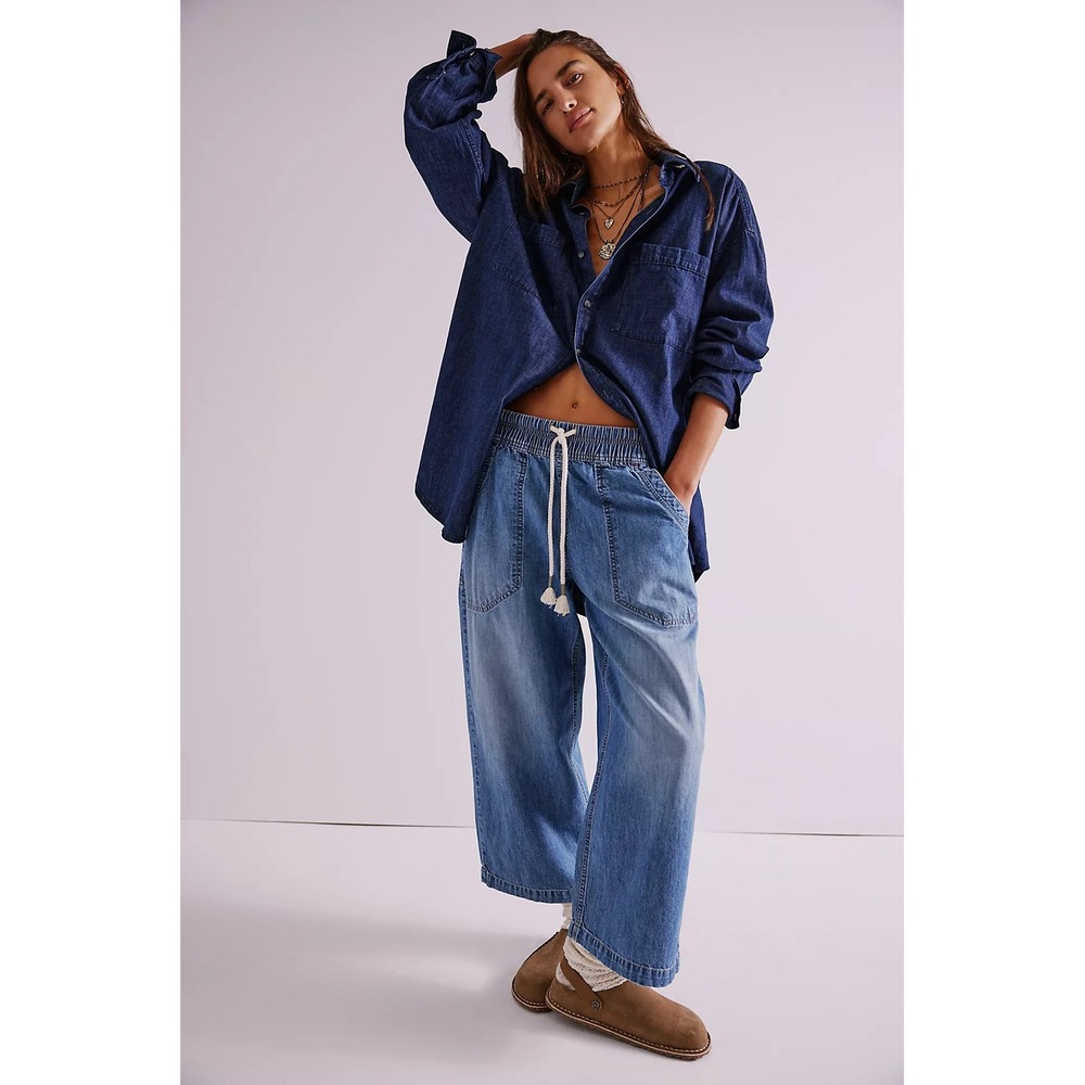 We The Free Free People Wide Leg Drawstring Denim Pants Light Wash Blue Cropped